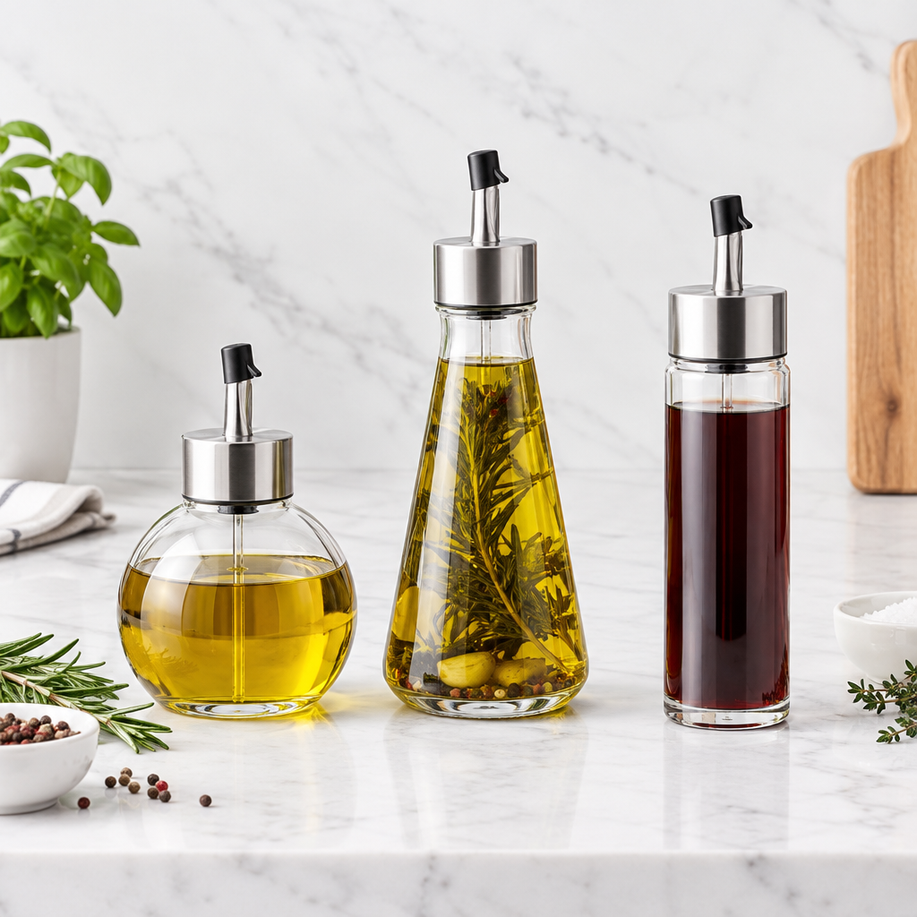 Three glass kitchen seasoning dispenser bottles flat lay product photography on white marble