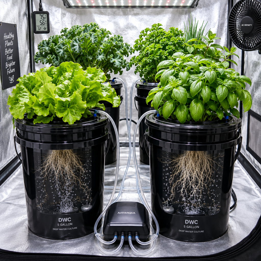 DWC deep water culture hydroponic system with 4 black 5-gallon buckets growing lush leafy vegetables in an indoor grow tent
