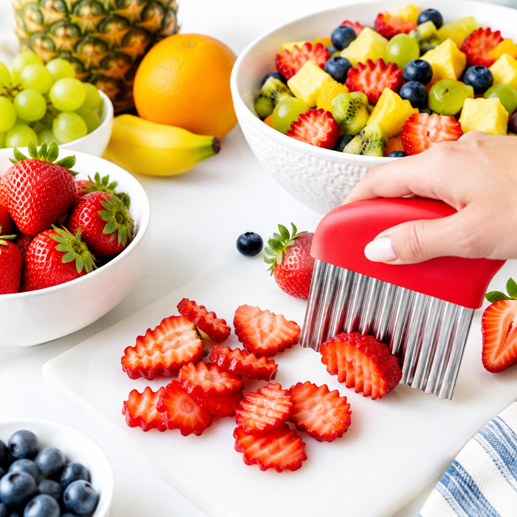 Crinkle cutter slicing strawberries into decorative wavy pieces for a fresh fruit salad