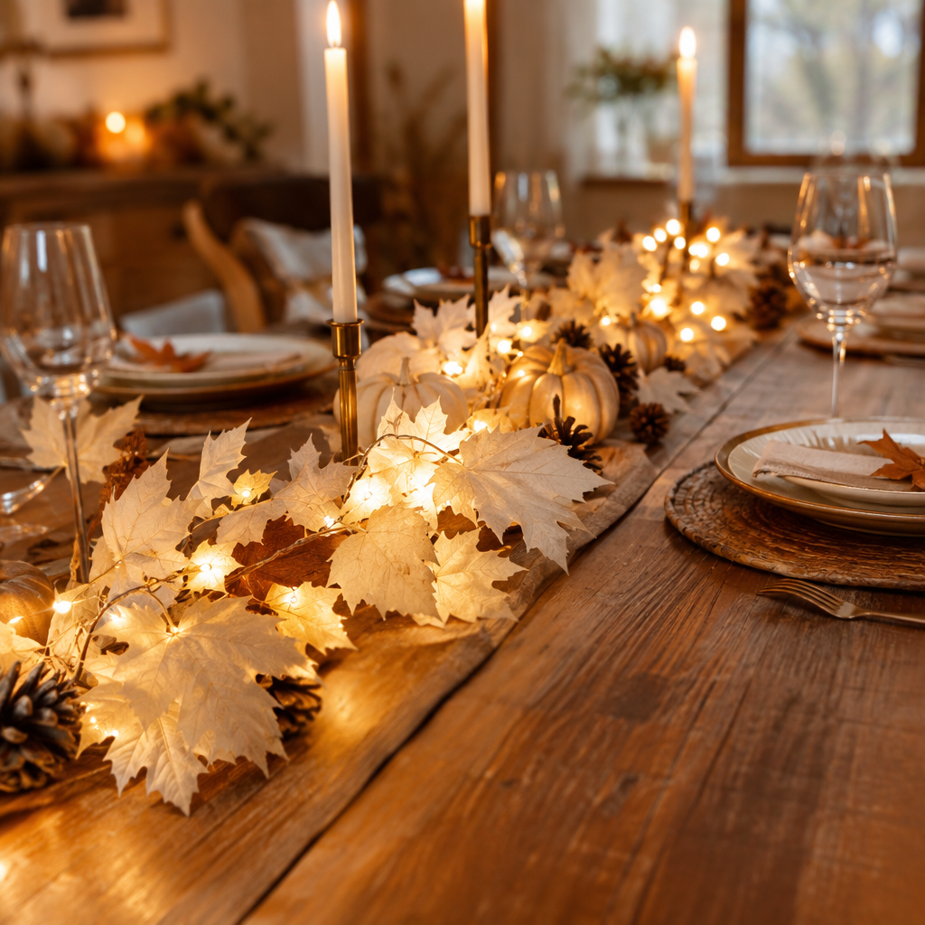 White silk maple leaf LED garland styled as a dining table centerpiece with warm autumn glow and Thanksgiving decor