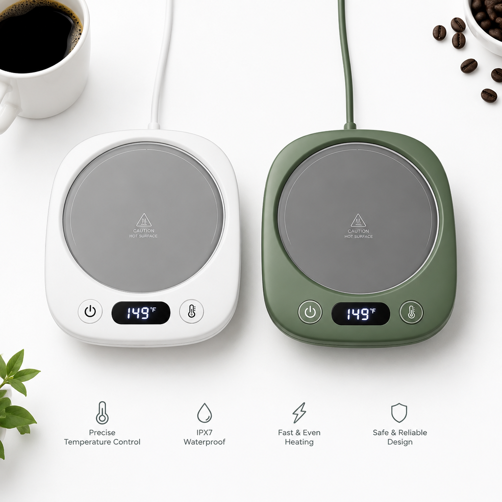 White and green USB coffee mug warmers side by side showing LED temperature display and waterproof heating plate