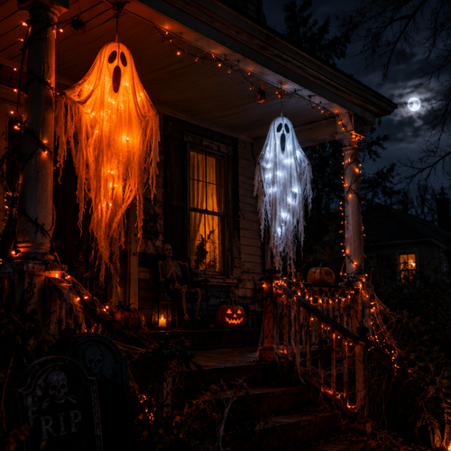 Two spooky ghost decorations with string lights on front porch at night