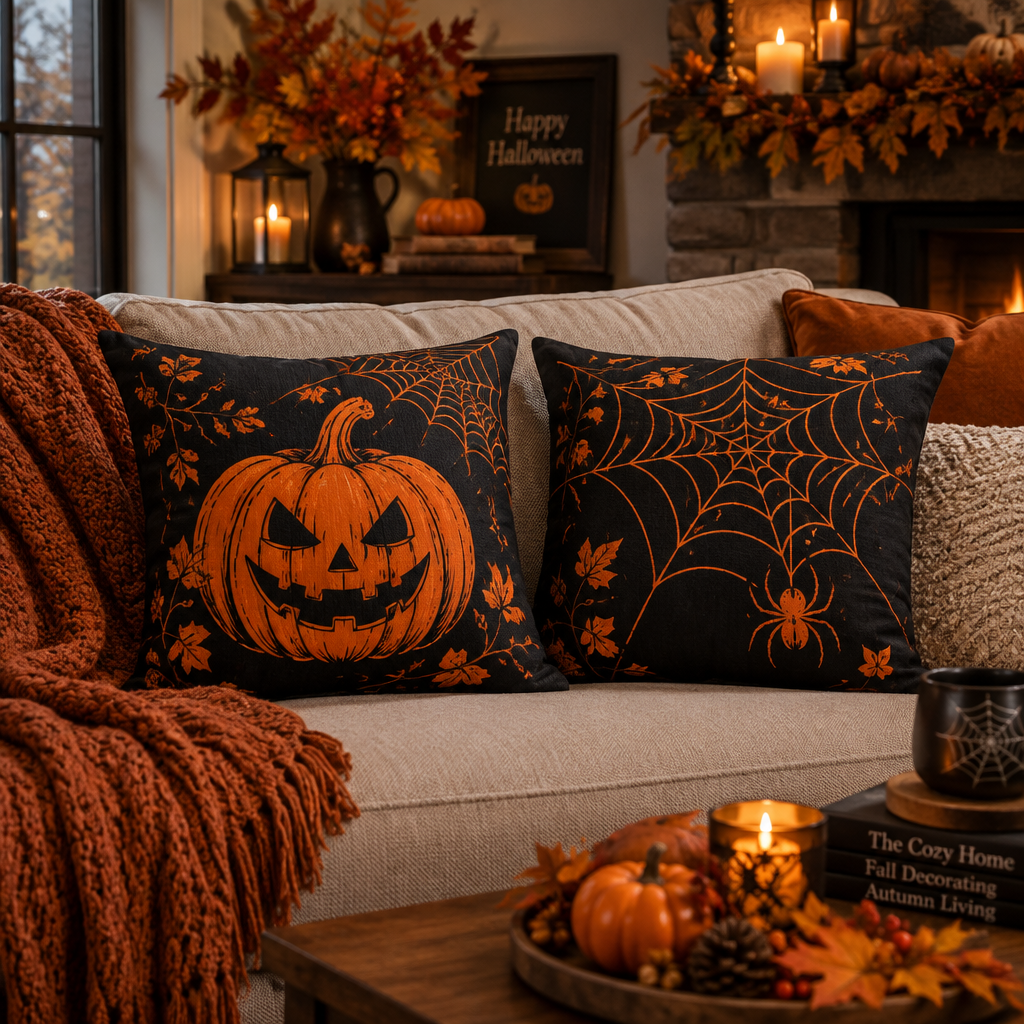 Halloween throw pillow covers on a cozy sofa with pumpkin and spider web print