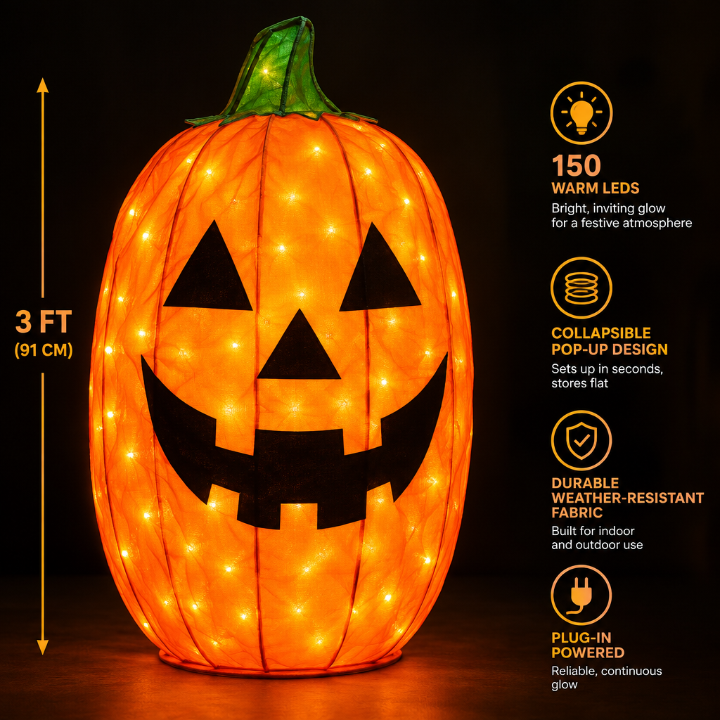 3 foot collapsible pop-up Halloween pumpkin decoration glowing with 150 warm LEDs on dark background