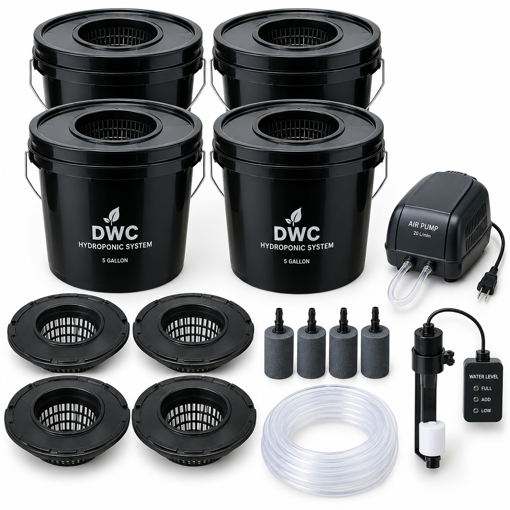 DWC hydroponic system flat lay showing 4 black buckets, air pump, air stones, tubing and mesh basket lids on white background