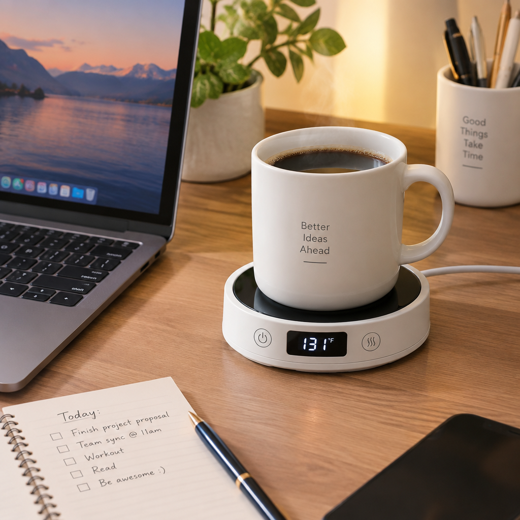 White USB electric coffee mug warmer on a modern office desk with a ceramic mug and laptop in background