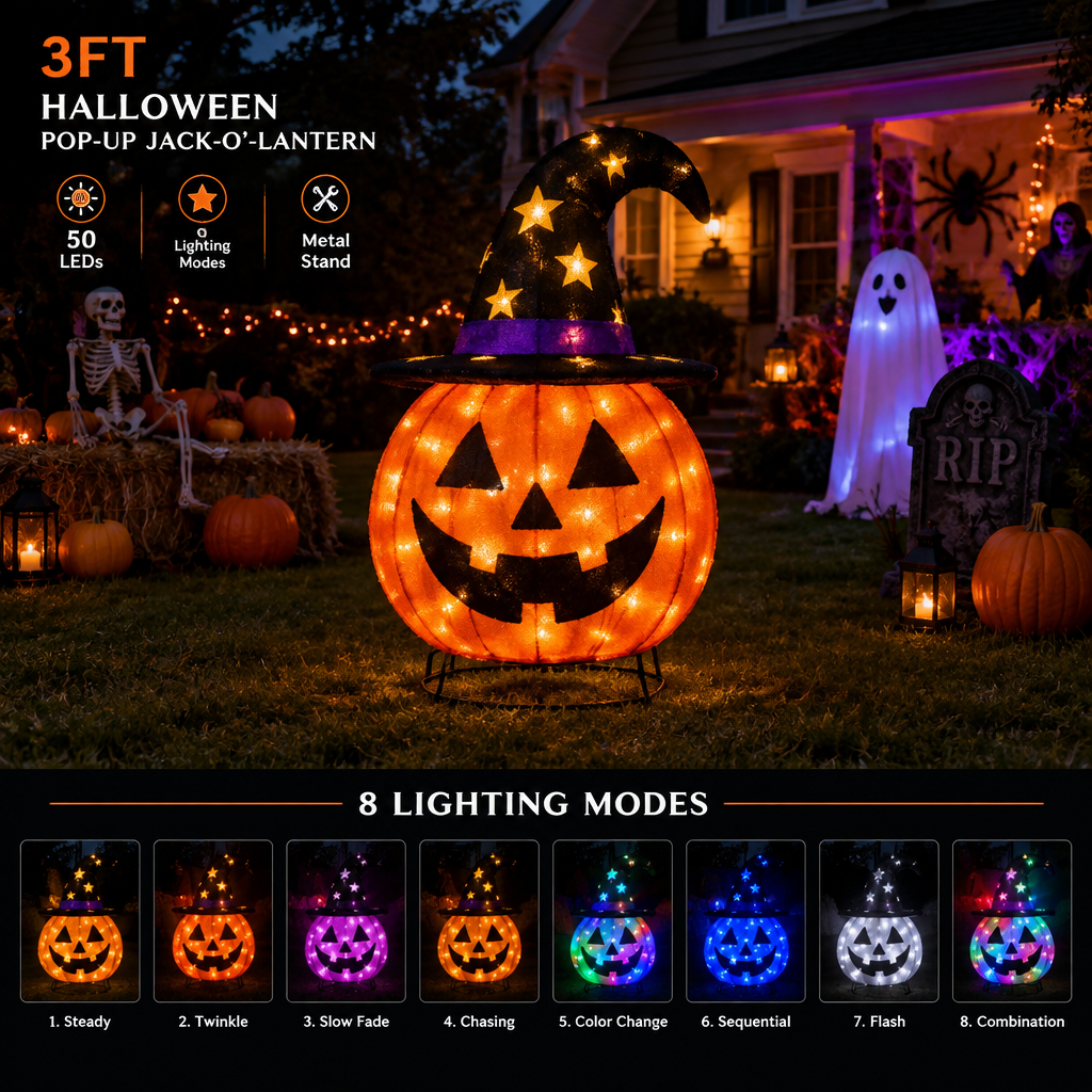3ft light-up Halloween jack-o-lantern pumpkin with star hat and metal stand glowing in a yard at night