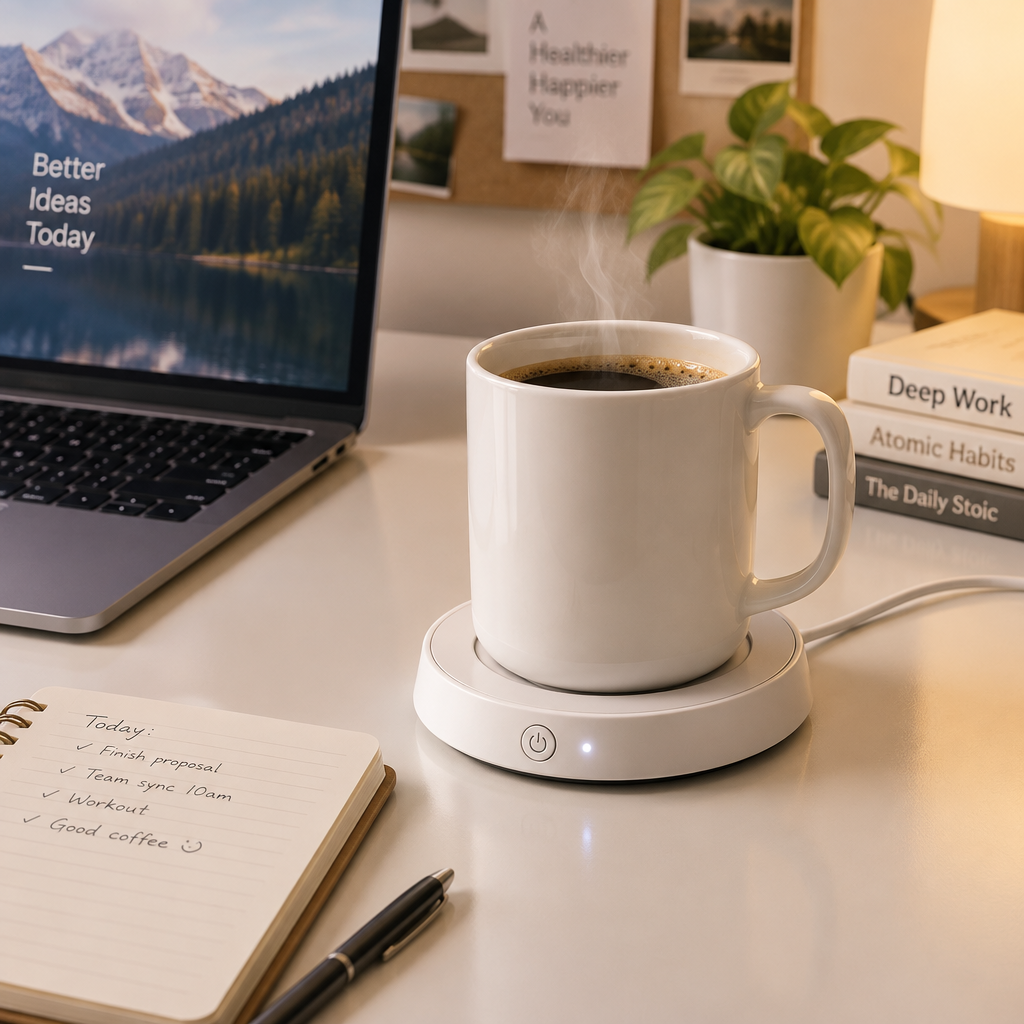 White smart coffee mug warmer on a modern office desk with a ceramic mug of hot coffee and laptop in background