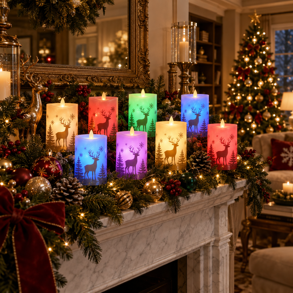9-piece Christmas flameless deer candles set on fireplace mantel with garland and ornaments