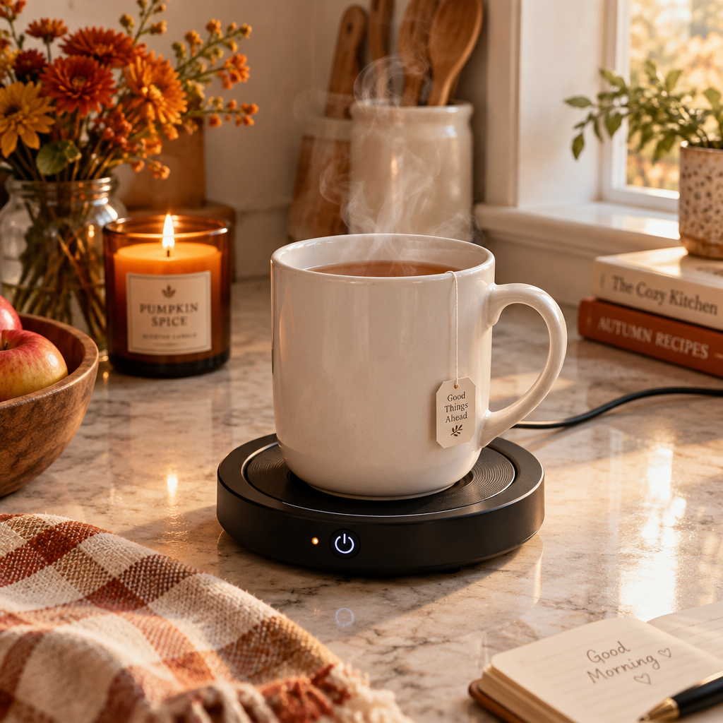 Coffee mug warmer with a white ceramic mug of steaming tea on a cozy kitchen counter in warm morning light