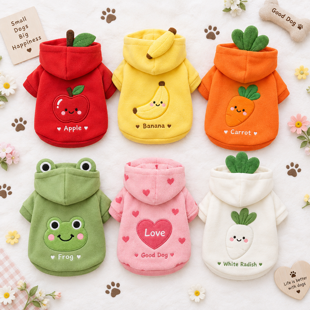 Flat lay of 6 adorable fruit themed dog hoodies apple banana carrot frog love sweater white radish designs