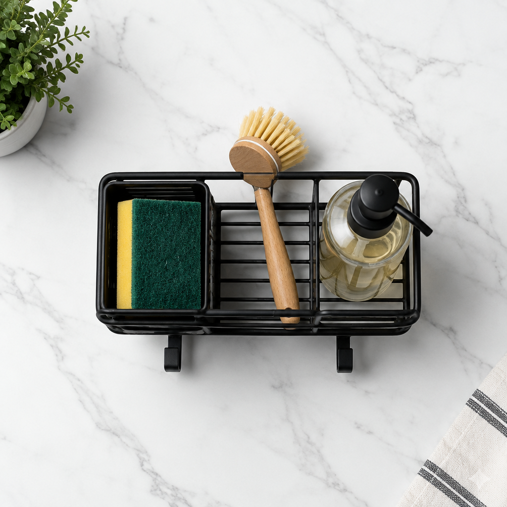 Black metal sink caddy organizer flat lay with sponge dish brush and soap on white marble surface overhead shot