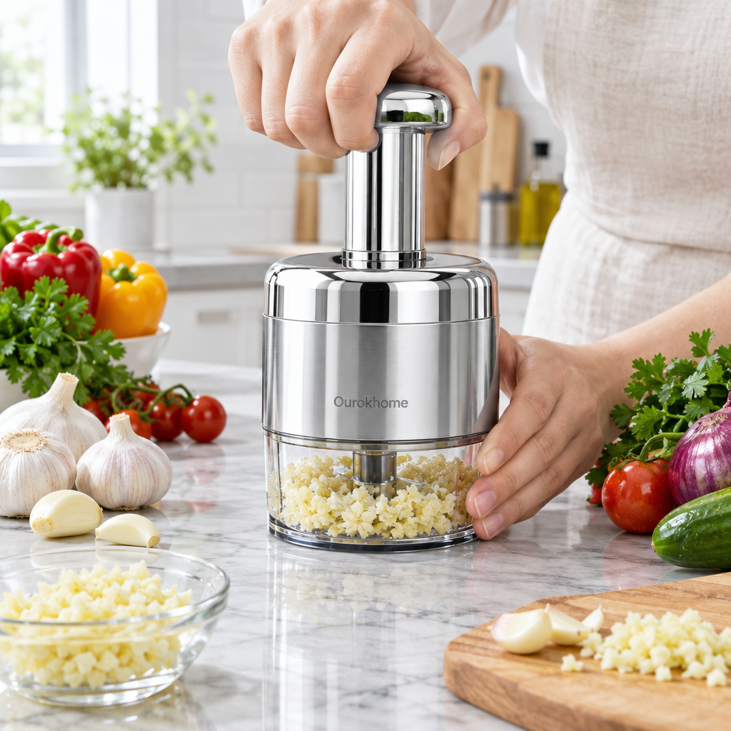Manual hand chopper mincing fresh garlic cloves on a marble kitchen countertop with vegetables around