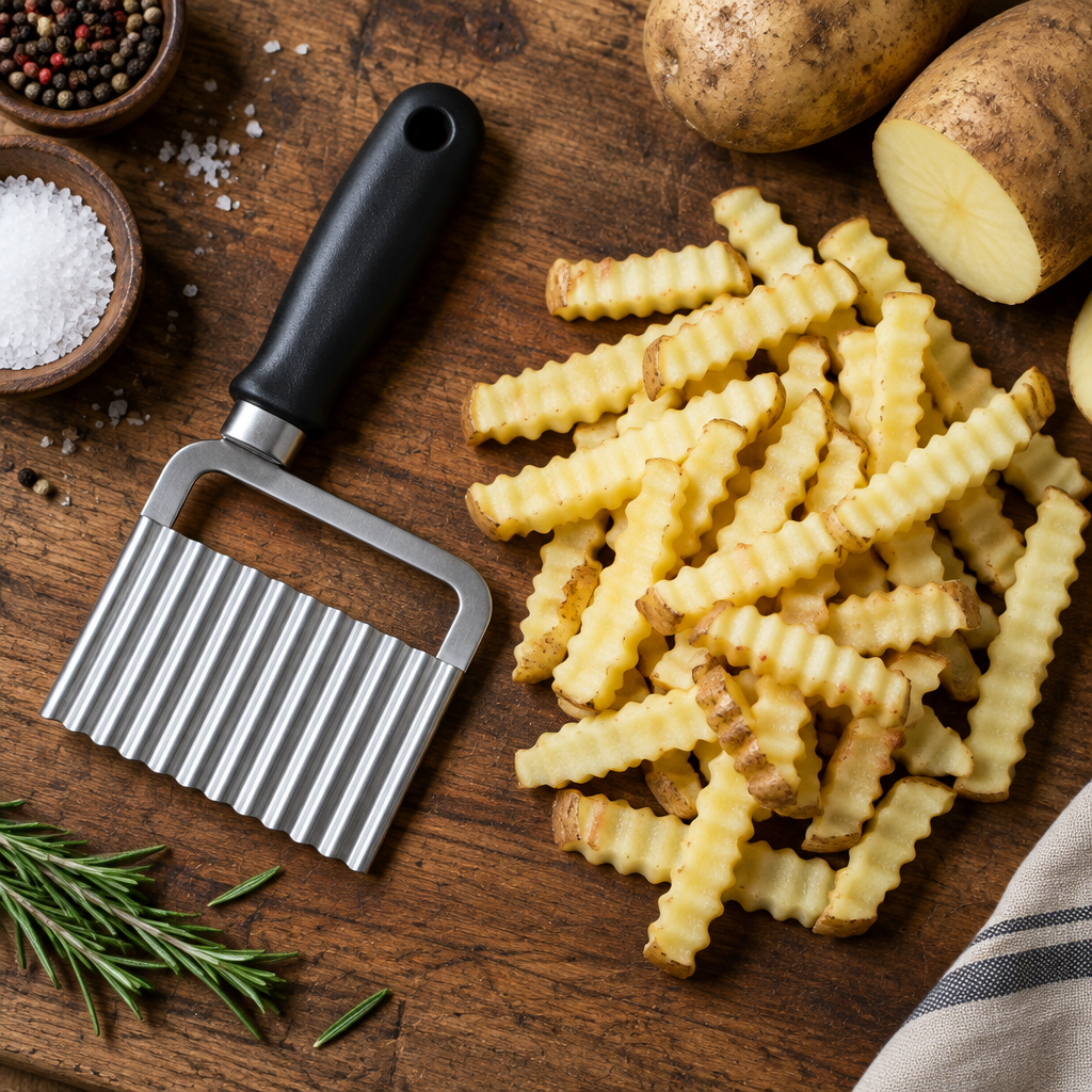 Crinkle cutter flat lay with freshly cut wavy potato fries on a rustic wooden board overhead shot