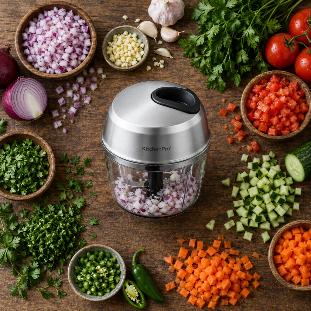 Silver manual hand chopper flat lay surrounded by freshly chopped onions garlic herbs and vegetables on rustic wood
