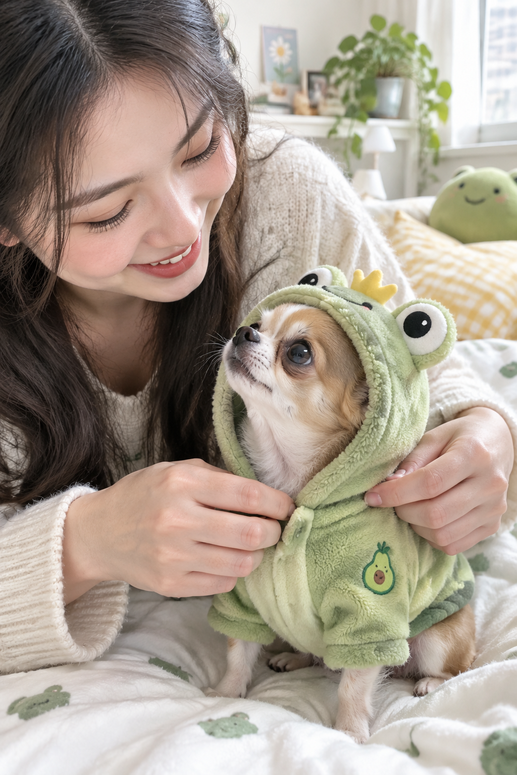 Cute young woman dressing her tiny Chihuahua in soft green frog fruit hoodie in bright cozy bedroom