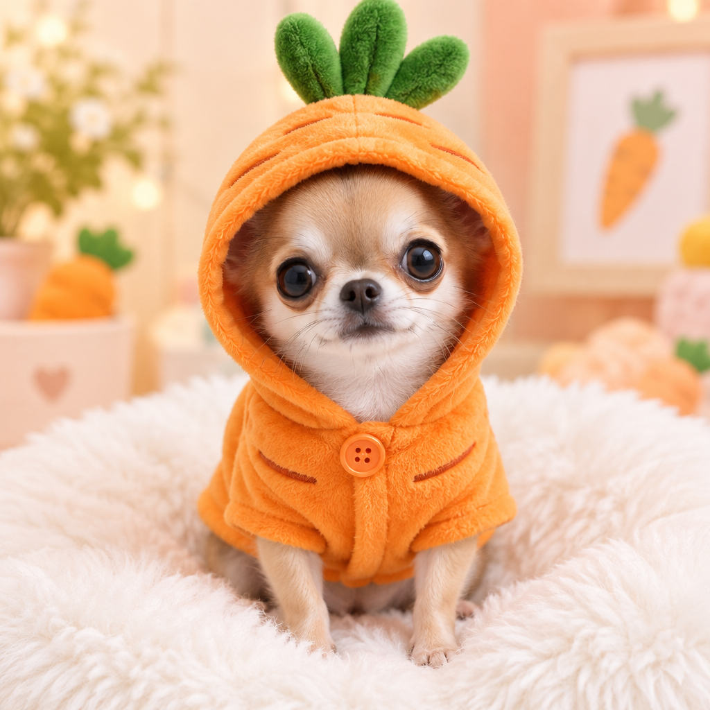Tiny Chihuahua wearing super cute orange carrot fruit hoodie sitting on white fluffy pillow studio shot