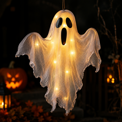 Close-up of single Halloween ghost decoration with glowing string lights