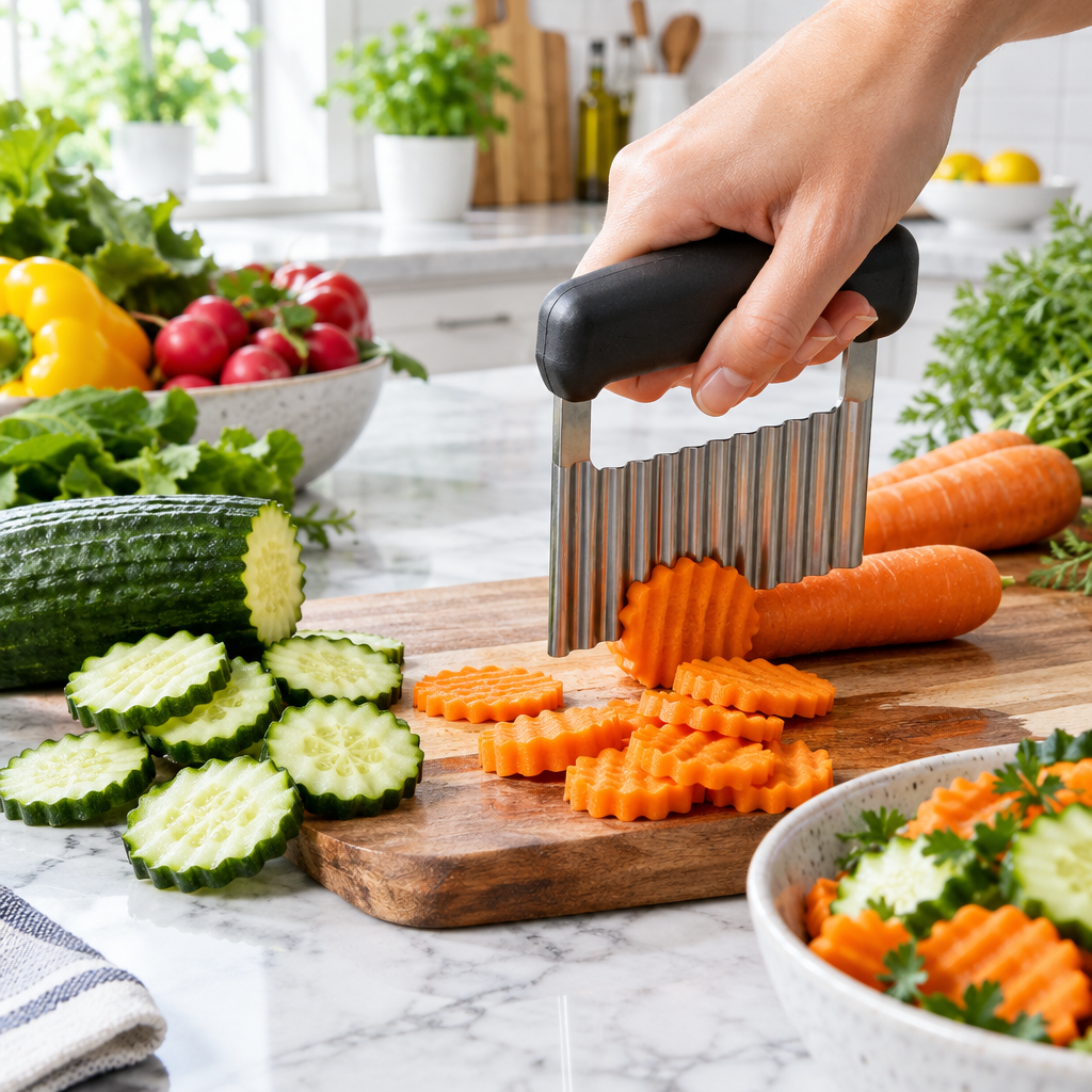 Crinkle cutter wavy slicer cutting carrots and cucumbers on a marble kitchen countertop with colorful vegetables around