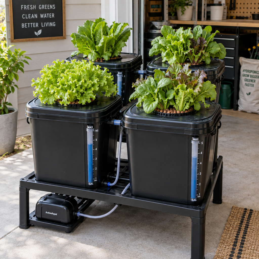 4-bucket DWC hydroponic grow kit with black buckets and mesh basket lids growing lettuce outdoors on a patio