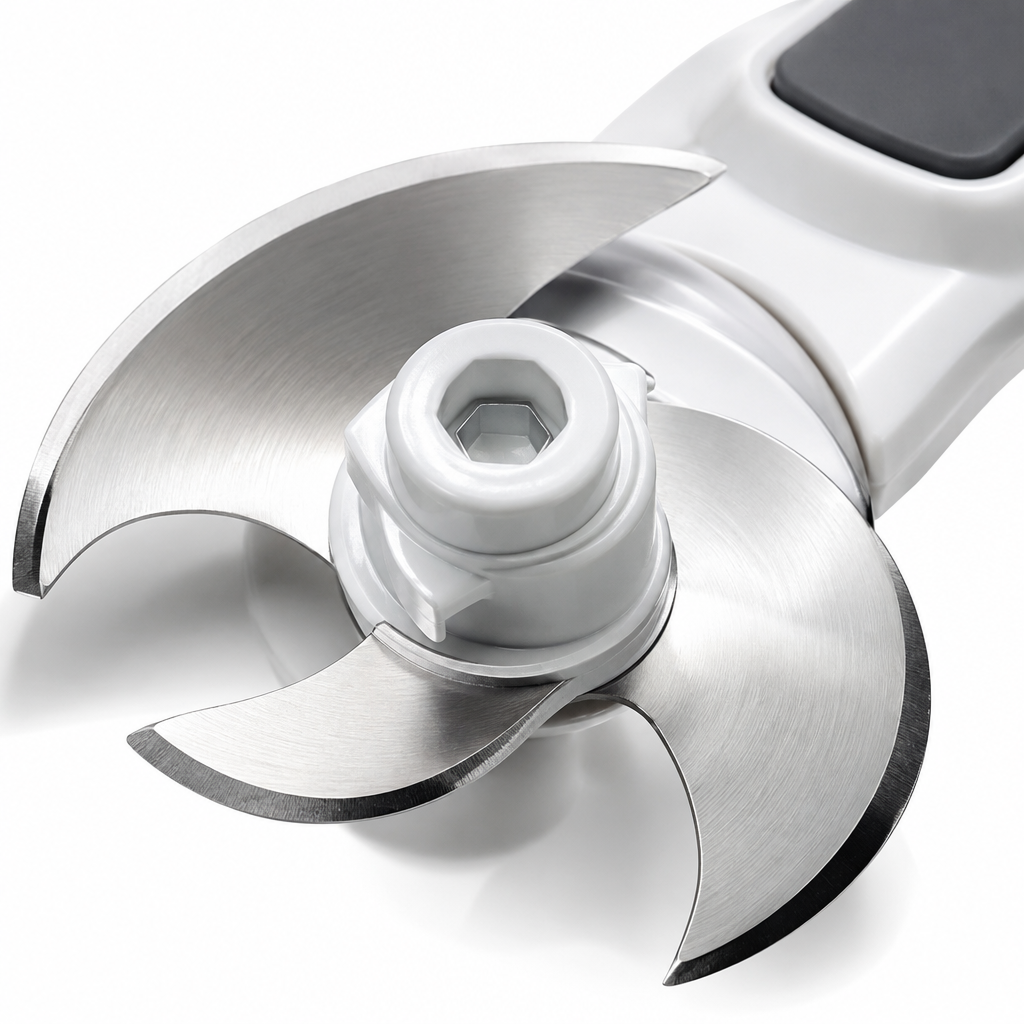 Close-up of sharp stainless steel round blades of silver manual hand chopper on clean white background