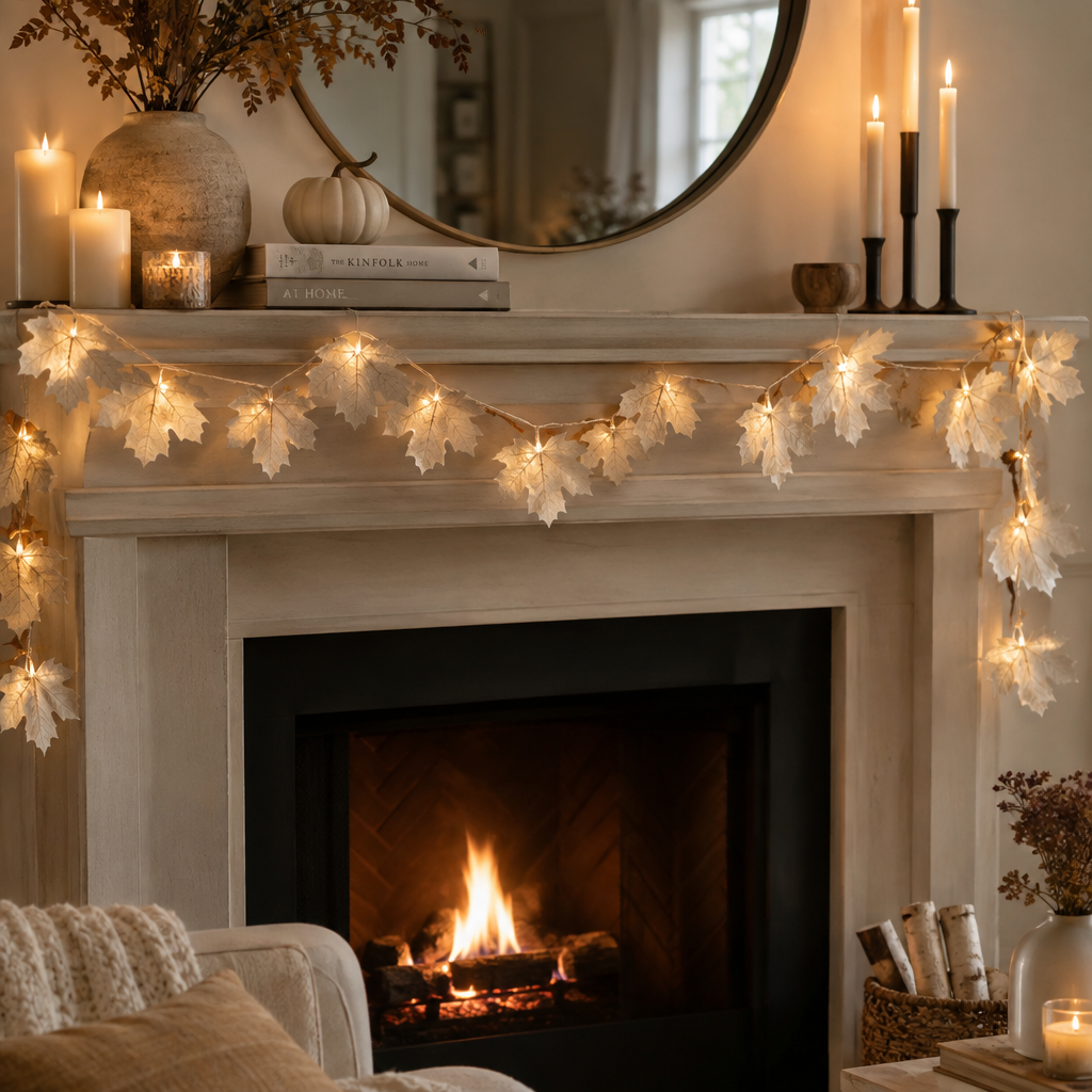 White dried maple leaf LED garland draped over a fireplace mantel with warm glowing lights and Scandinavian rustic fall decor