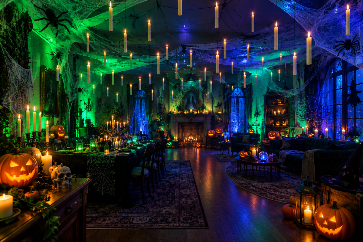 Floating candles hanging at Halloween party