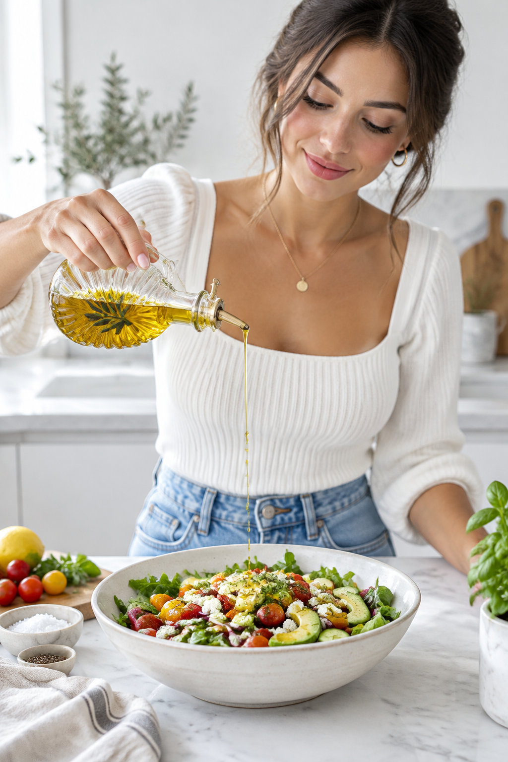 Pretty girl drizzling olive oil from glass seasoning bottle over fresh colorful salad bowl