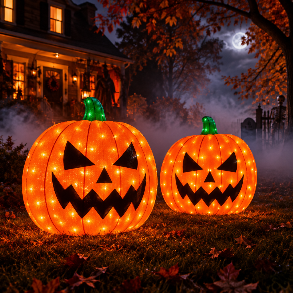 Two 3-foot collapsible LED Halloween pumpkin decorations glowing orange in a yard at night