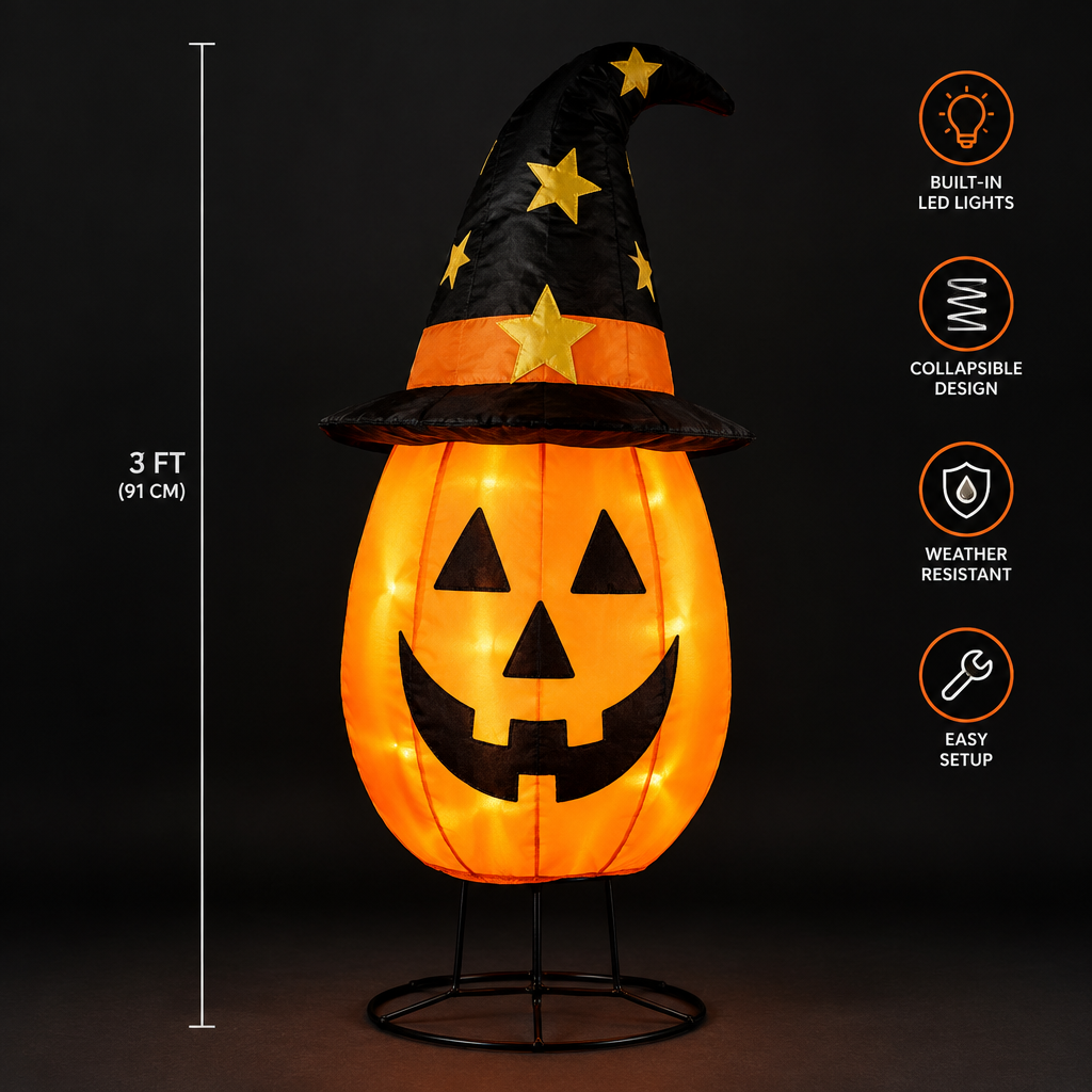 3 foot collapsible Halloween LED pumpkin decoration with star hat and metal stand on dark background