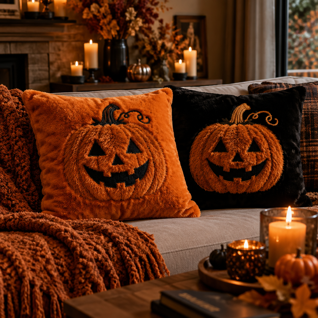 Halloween faux fur pumpkin embroidered pillow covers on a cozy sofa in orange and black fall decor setting