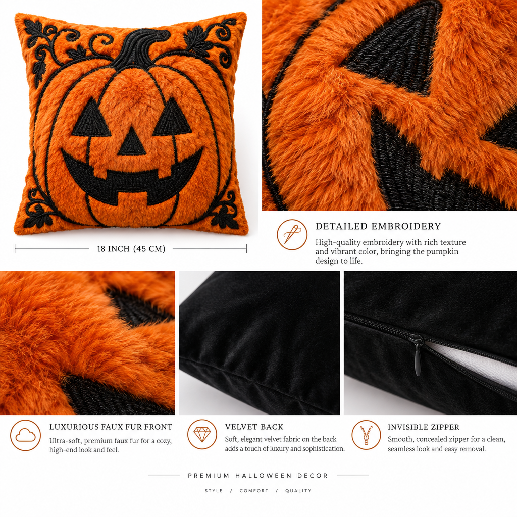 Halloween pumpkin embroidered pillow cover 18x18 flat lay showing faux fur texture and invisible zipper