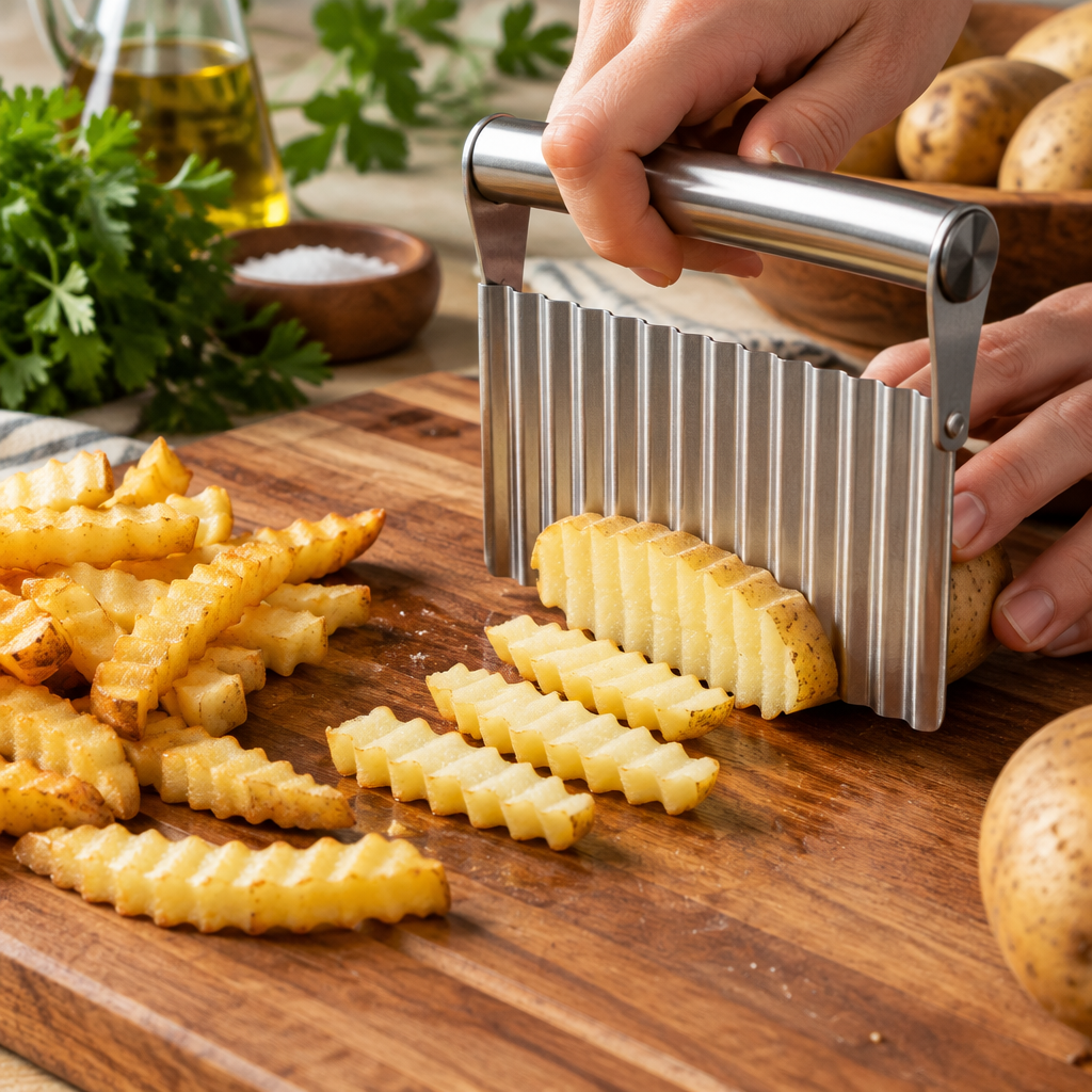 Stainless steel crinkle cutter making wavy french fry cuts from a potato on a wooden cutting board