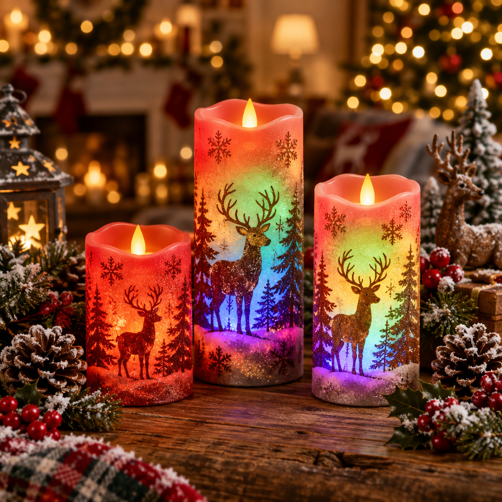 Christmas flameless LED deer candles 3-piece set on rustic wooden table with pine cones and Christmas decorations