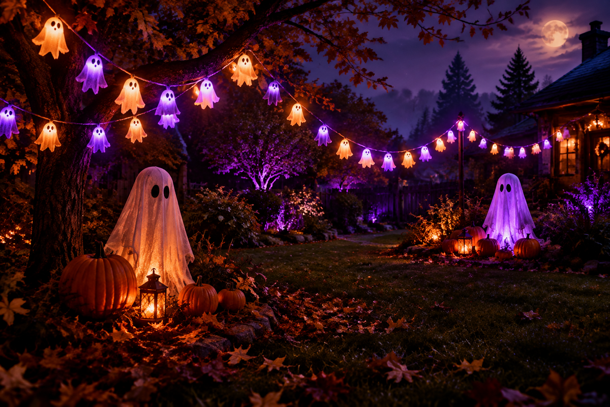 Halloween ghost lights glowing in garden and lawn among pumpkins
