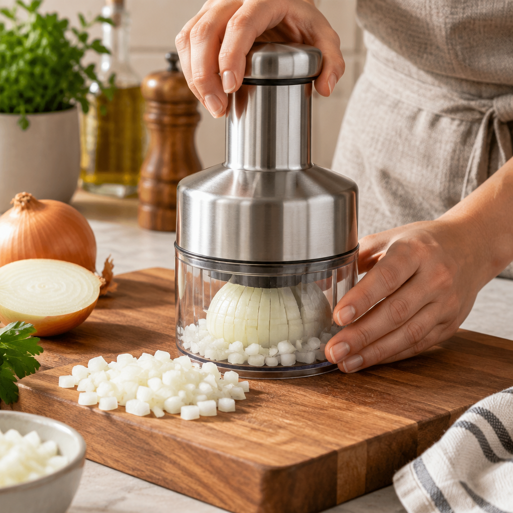 Silver stainless steel manual hand chopper dicing a fresh onion on a wooden cutting board in a kitchen