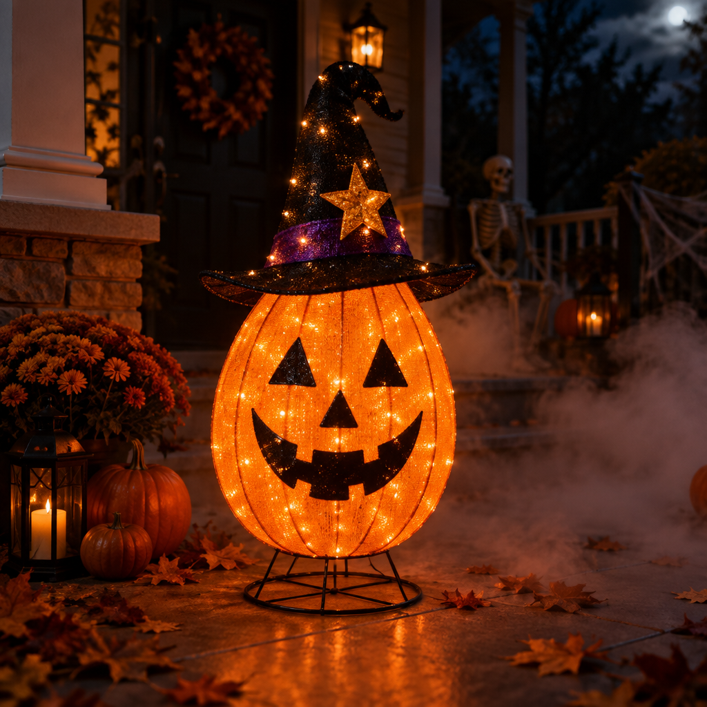 3 foot collapsible LED Halloween pumpkin decoration with star hat glowing on a front porch at night