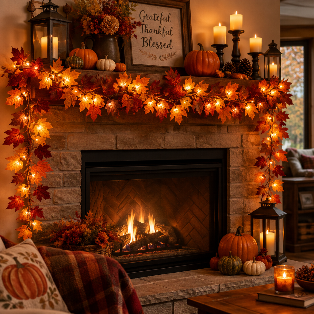 Fall maple leaf LED vine garland draped over a cozy fireplace mantel with warm glowing orange lights and autumn decor