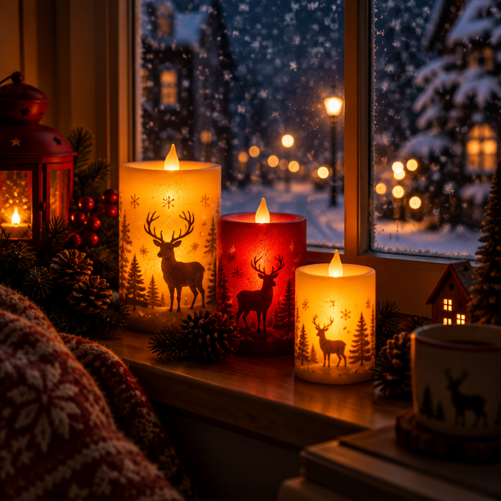 Christmas flameless LED candles glowing on windowsill at night with snow falling outside