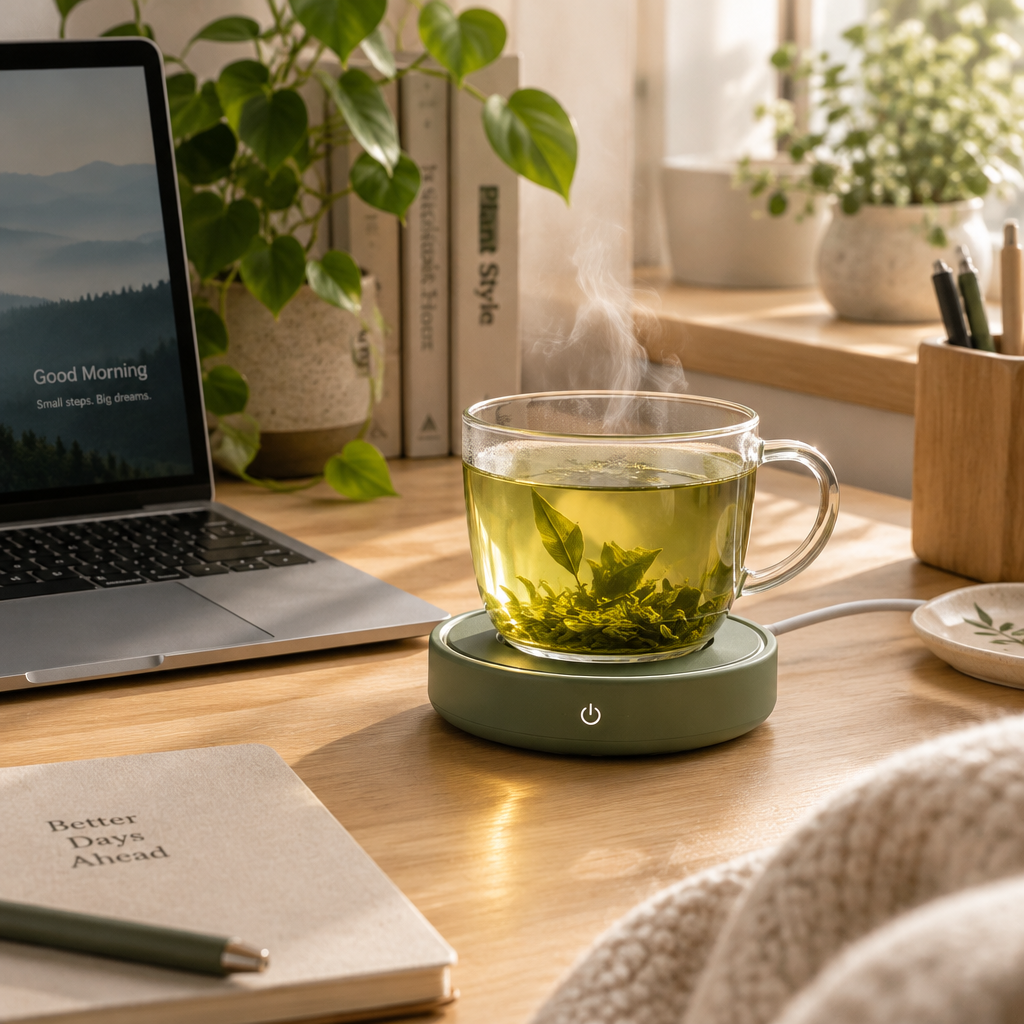 Green USB mug warmer with a glass cup of steaming tea on a cozy home desk with plants and warm morning light