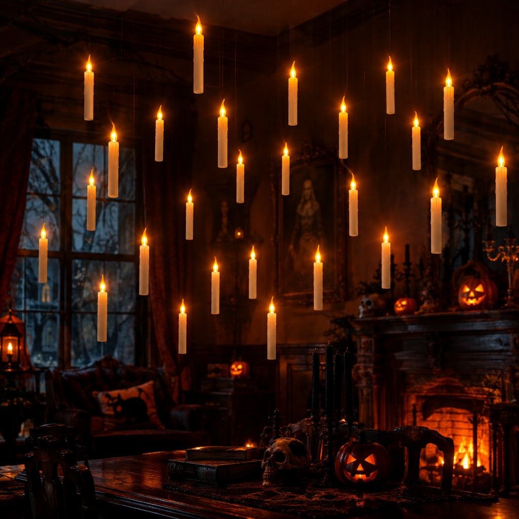Magic floating candles glowing in Halloween room