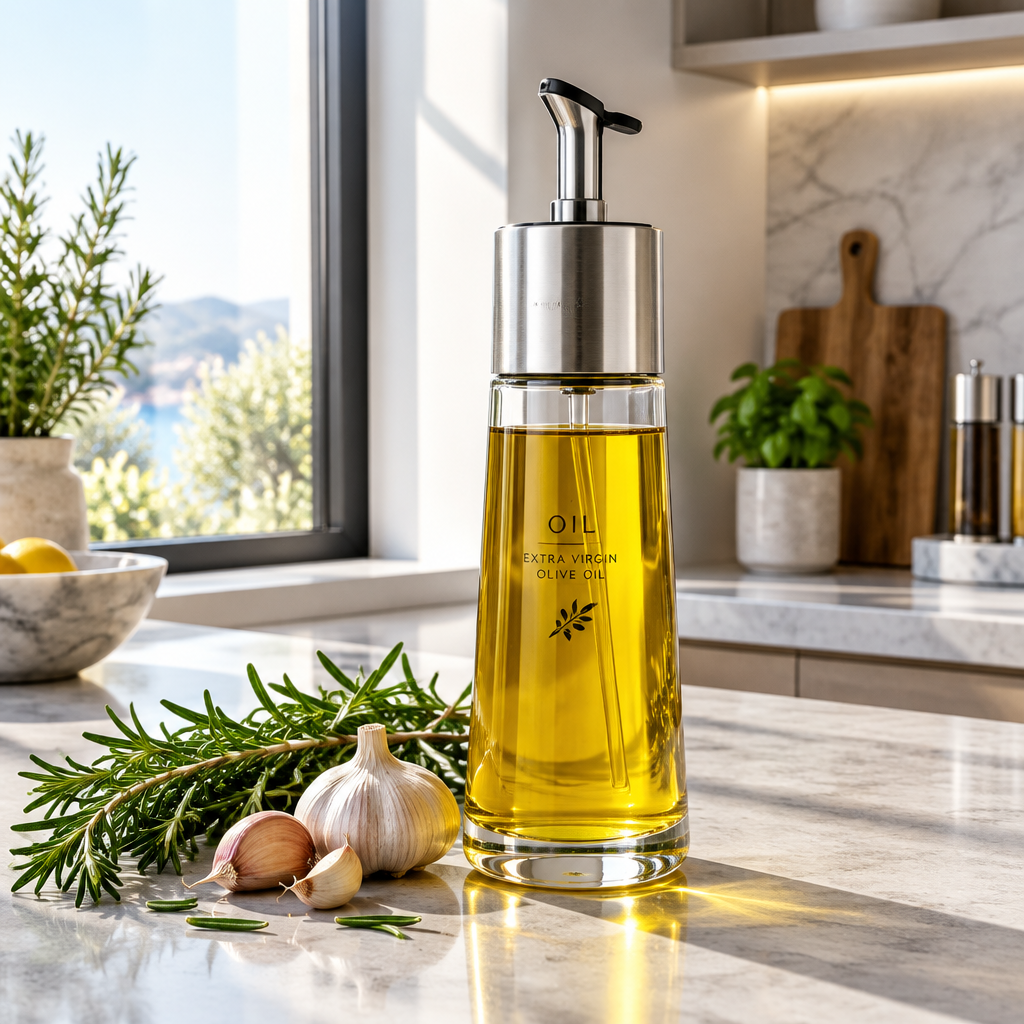 Glass stainless steel oil vinegar dispenser bottle with herbs in natural sunlight kitchen