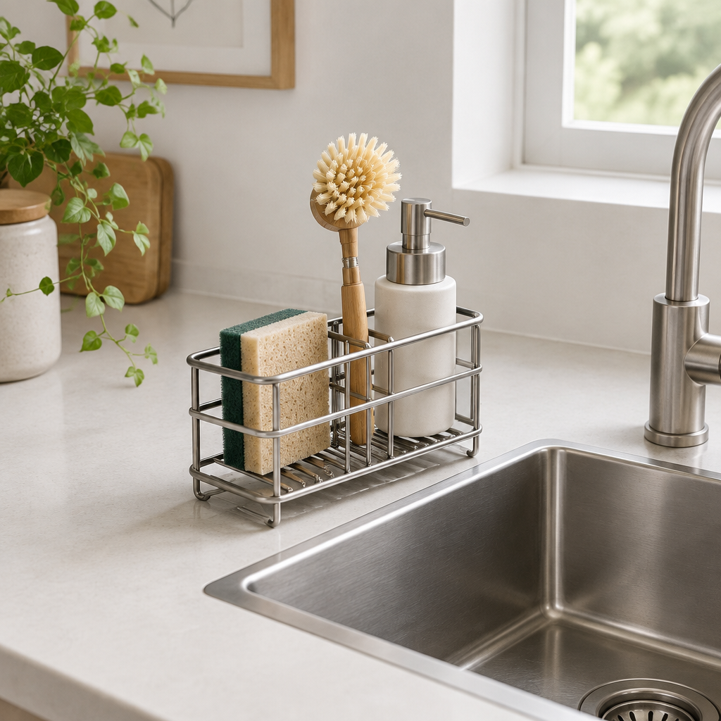 Metal sink caddy rack with sponge and dish brush organized beside a kitchen sink with open drain structure and no water puddles
