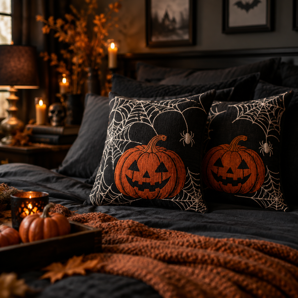Set of 2 Halloween pillow covers on a bed in a cozy autumn bedroom setting