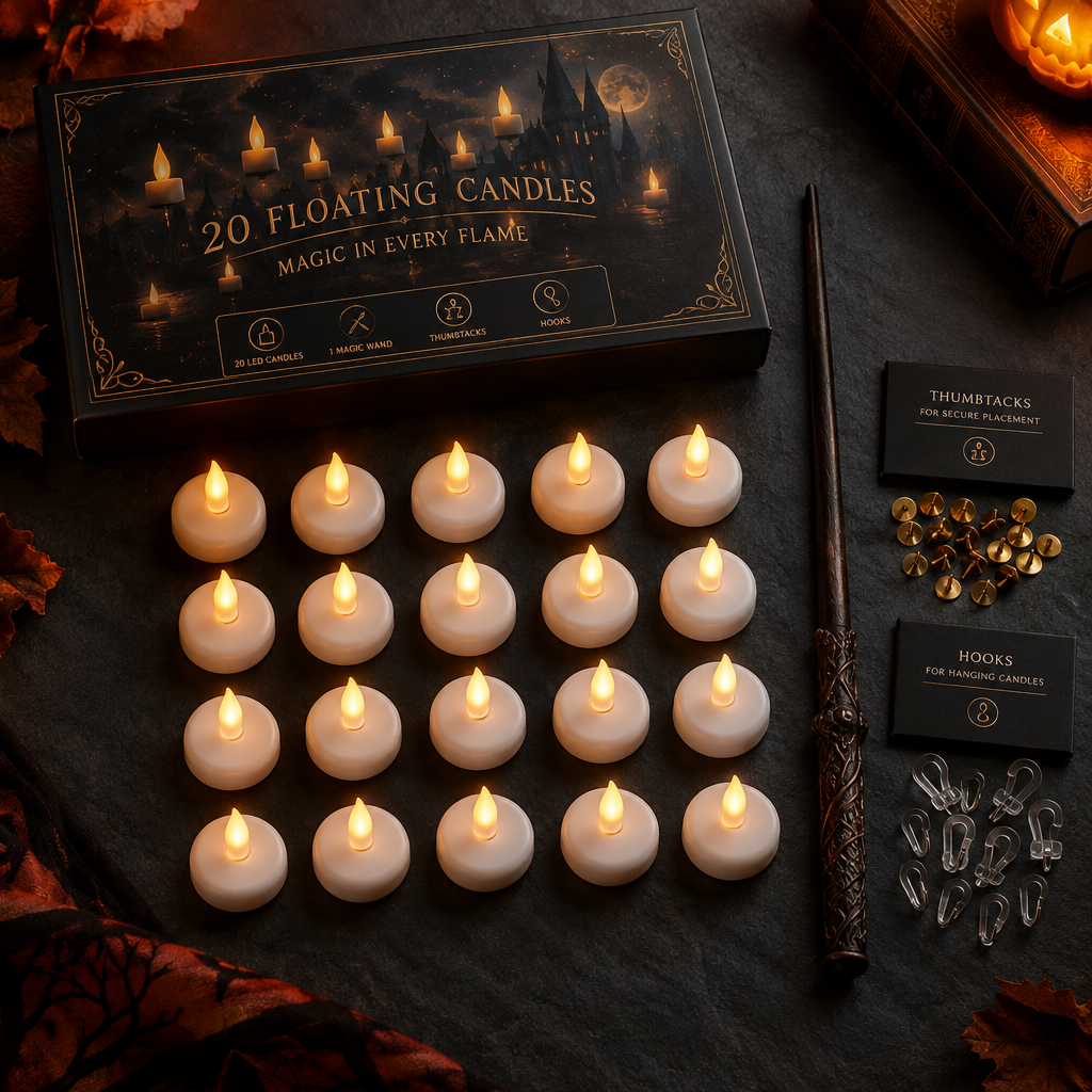 Flat lay of floating candles set with gift box
