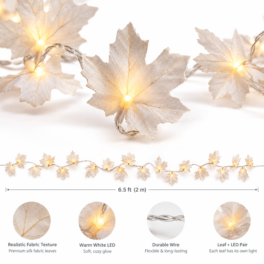 White dried maple leaf LED garland strand with each leaf paired with a warm glowing LED on clean white background