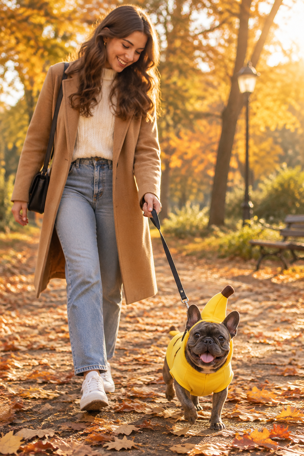 Pretty young woman walking her tiny French Bulldog wearing cute yellow banana fruit hoodie in autumn park