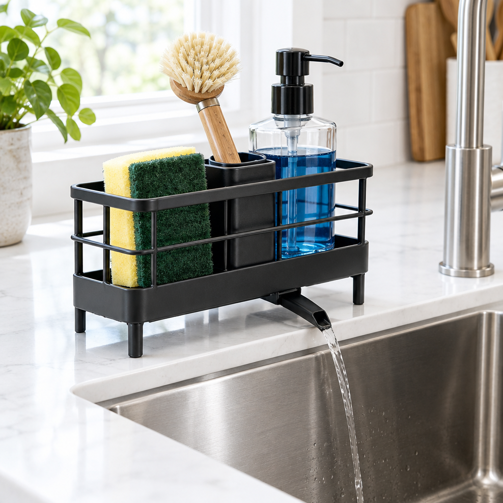 Black metal kitchen sink caddy organizer beside a stainless steel sink holding sponge dish brush and soap in a modern kitchen