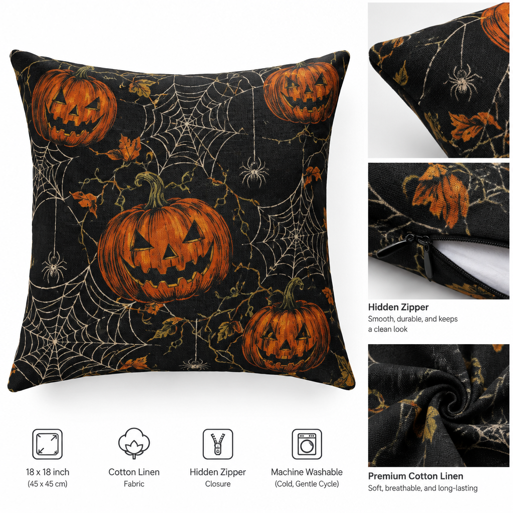 Halloween pillow cover 18x18 flat lay showing pumpkin spider web print and hidden zipper