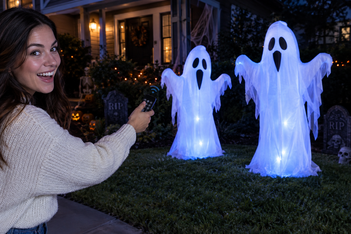 Woman holding remote control pointing at glowing ghost Halloween decorations